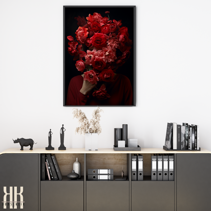 Woman Flower Bouquet Head Feminine Wall Art - Red 6