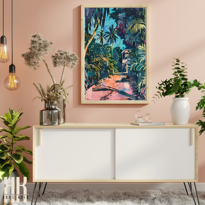 Tropical Jungle & Villa Art Print – Retro Linocut-Style Illustration