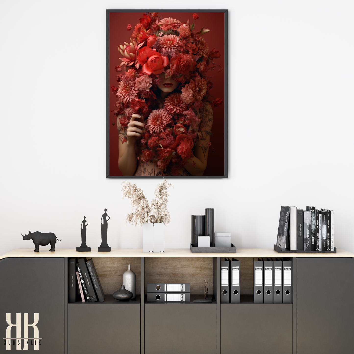 Woman Flower Bouquet Head Feminine Wall Art - Red 12