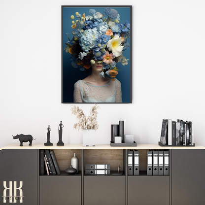 Woman Flower Bouquet Head Feminine Wall Art - Blue 12