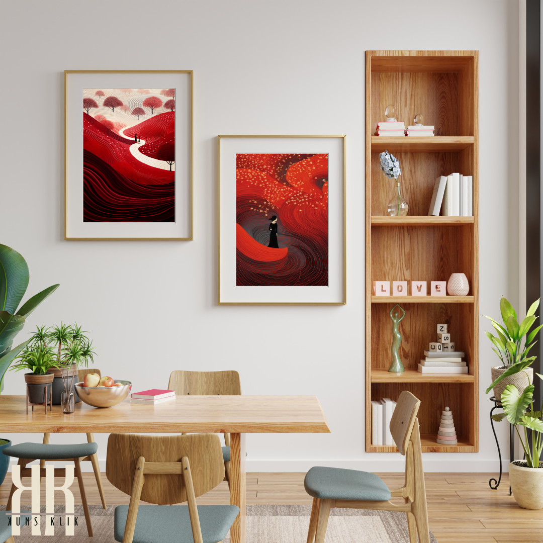 Abstract Red Landscape Print with Silhouetted Figures