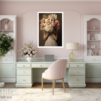 Woman Flower Bouquet Head Feminine Wall Art - Beige 3