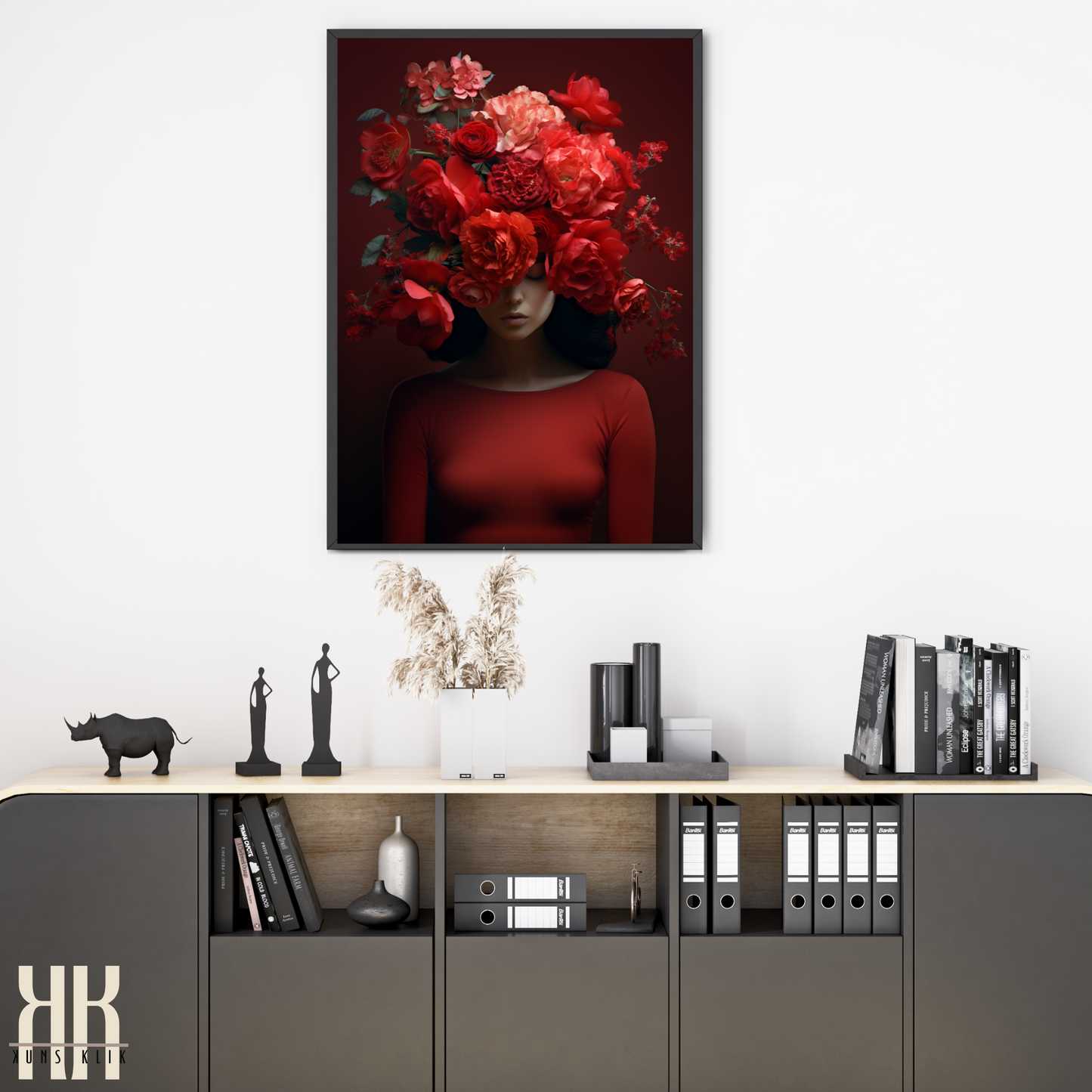 Woman Flower Bouquet Head Feminine Wall Art - Red 9