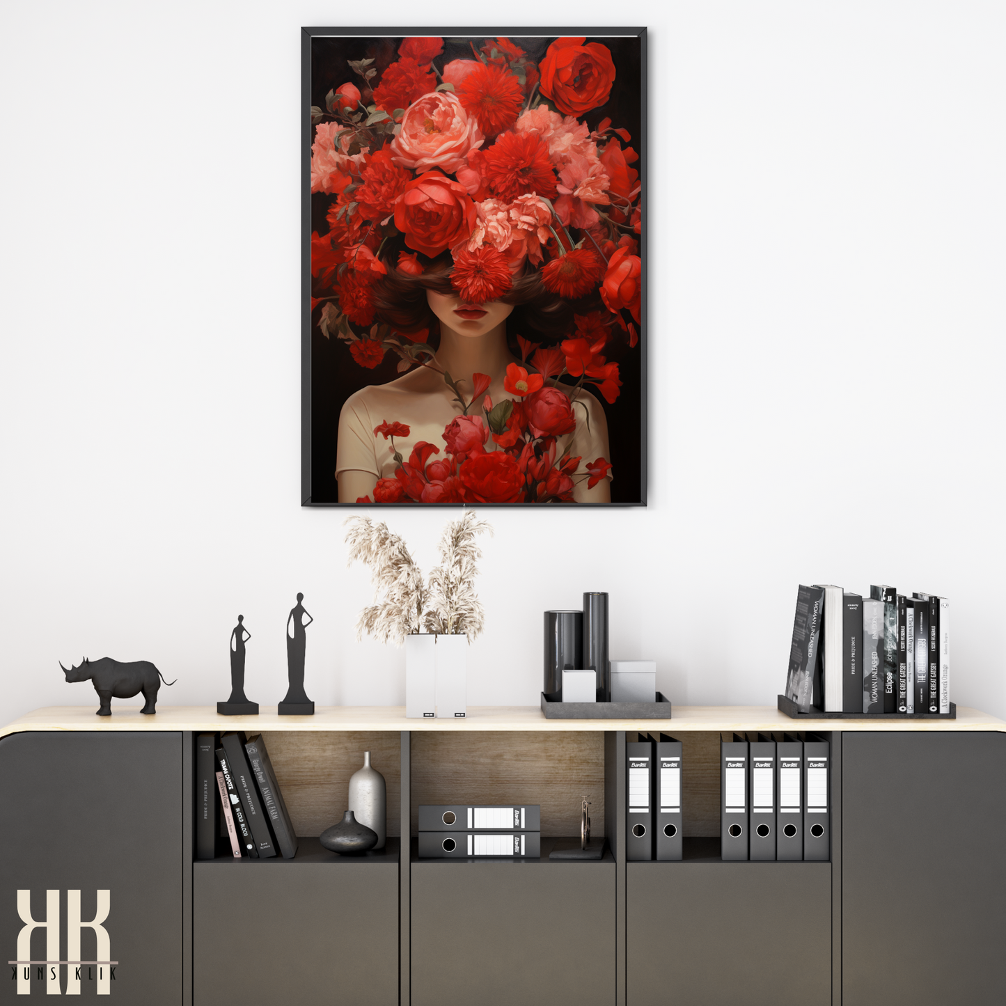 Woman Flower Bouquet Head Feminine Wall Art - Red 8