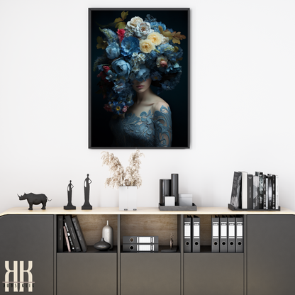 Woman Flower Bouquet Head Feminine Wall Art - Blue 1