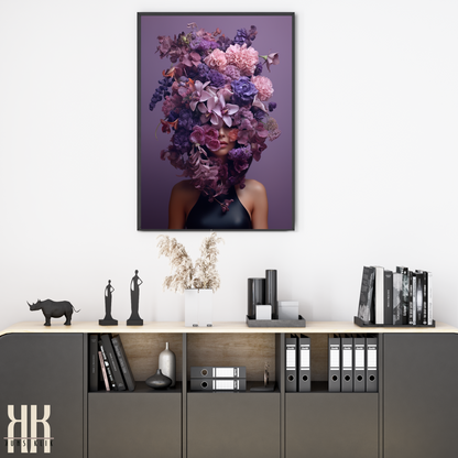 Woman Flower Bouquet Head Feminine Wall Art - Purple 11