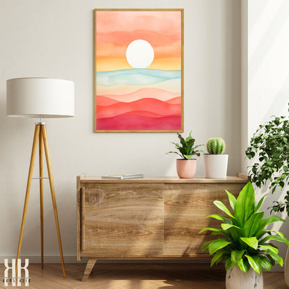 Minimalist Watercolour Sunset Mountain Art Print - 12