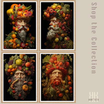 Autumn Harvest Man with Fruits and Leaves Art