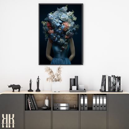 Woman Flower Bouquet Head Feminine Wall Art - Blue 3
