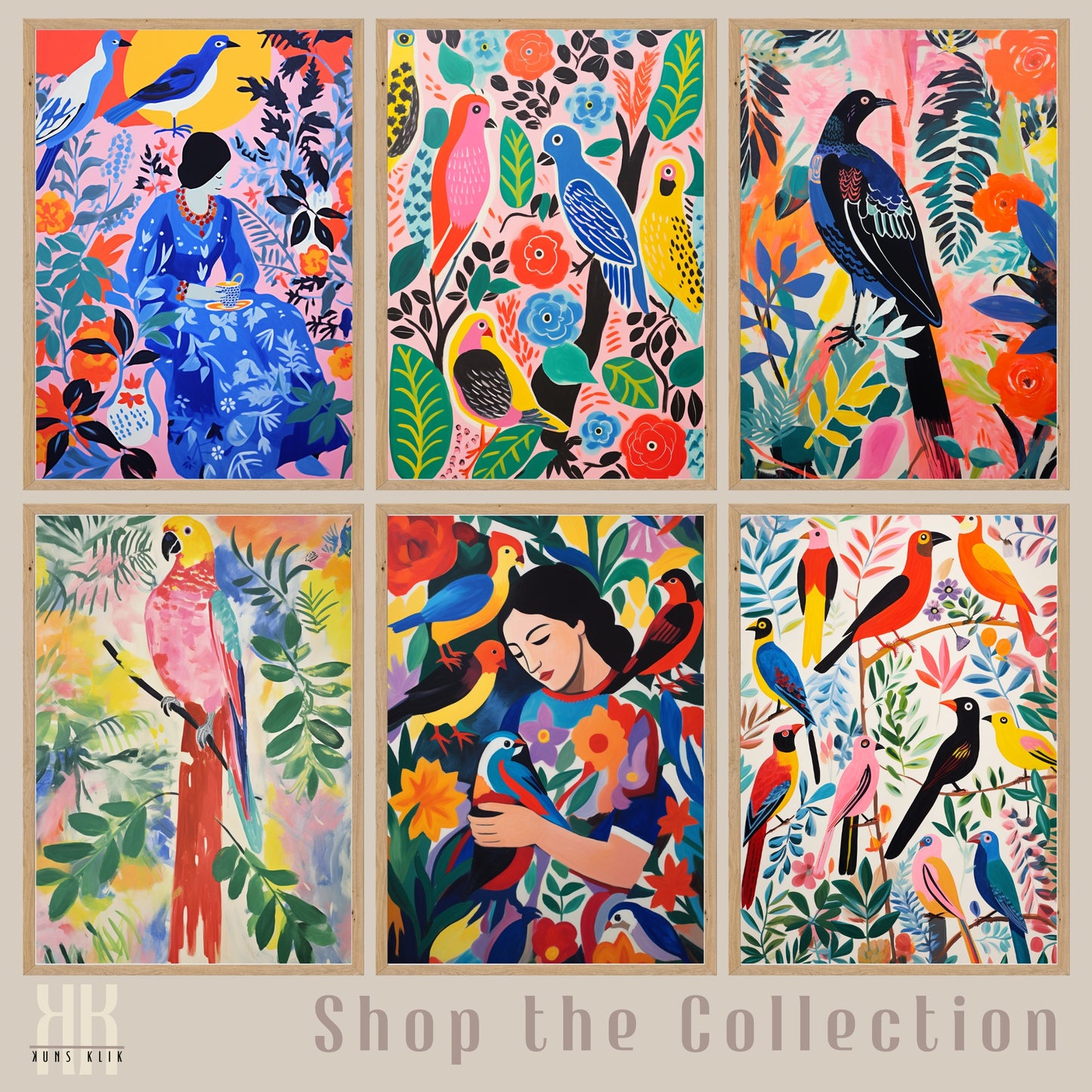 Bright Bold Birds on Botanical Background Art - 6