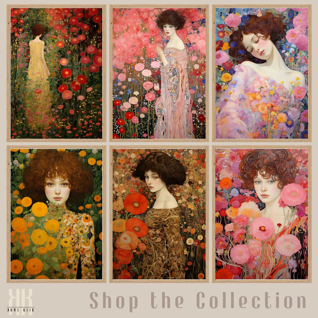 Gustav Klimt Inspired Woman in Vibrant Flower Landscape Print