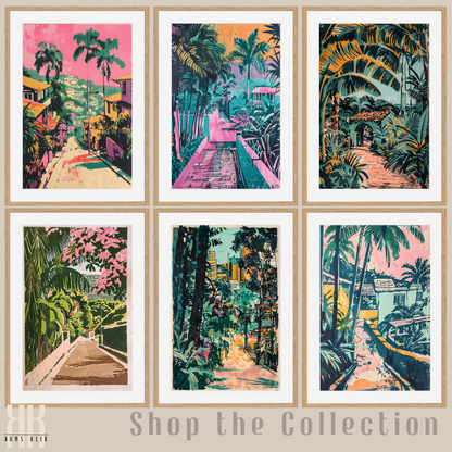 Tropical Jungle & Villa Art Print – Retro Linocut-Style Illustration