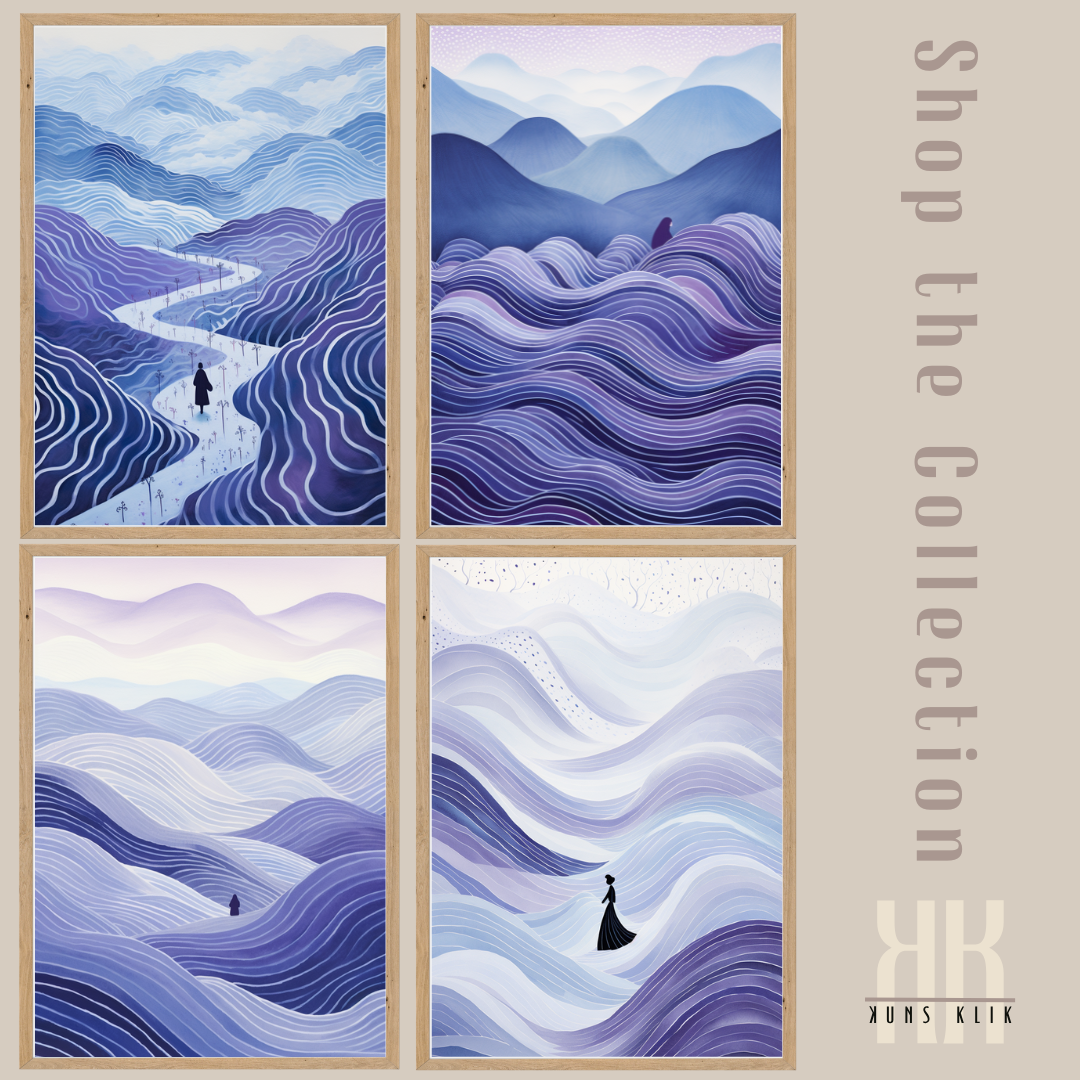 Mystical Minimalist Art Prints with Abstract Mountains and Waves