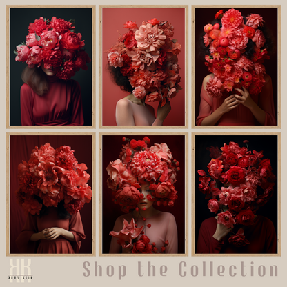 Woman Flower Bouquet Head Feminine Wall Art - Red 4