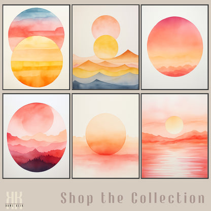 Minimalist Watercolour Sunset Mountain Art Print - 1