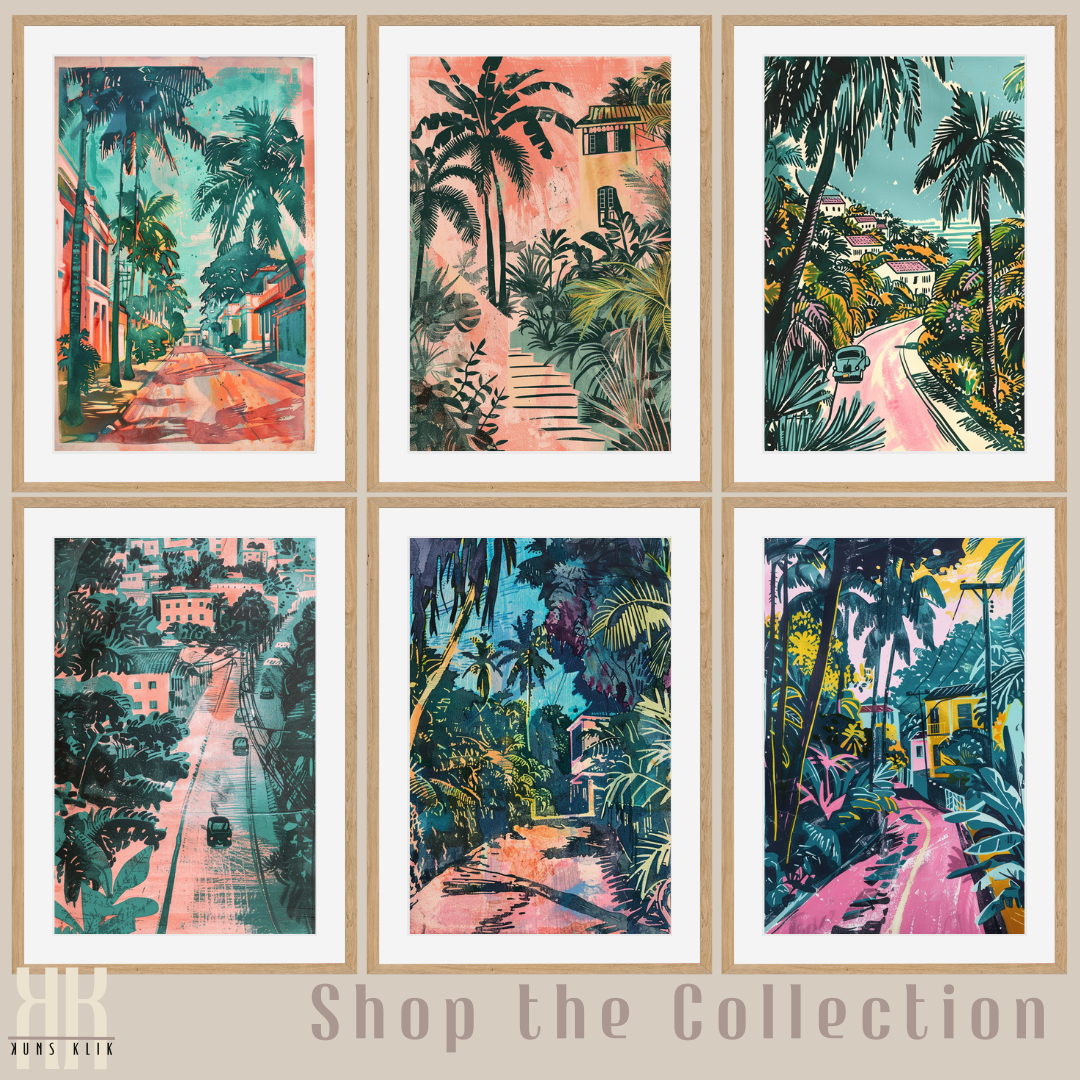 Tropical Jungle & Villa Art Print – Retro Linocut-Style Illustration