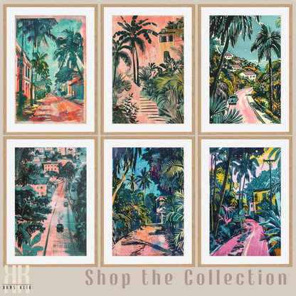 Tropical Jungle & Villa Art Print – Retro Linocut-Style Illustration