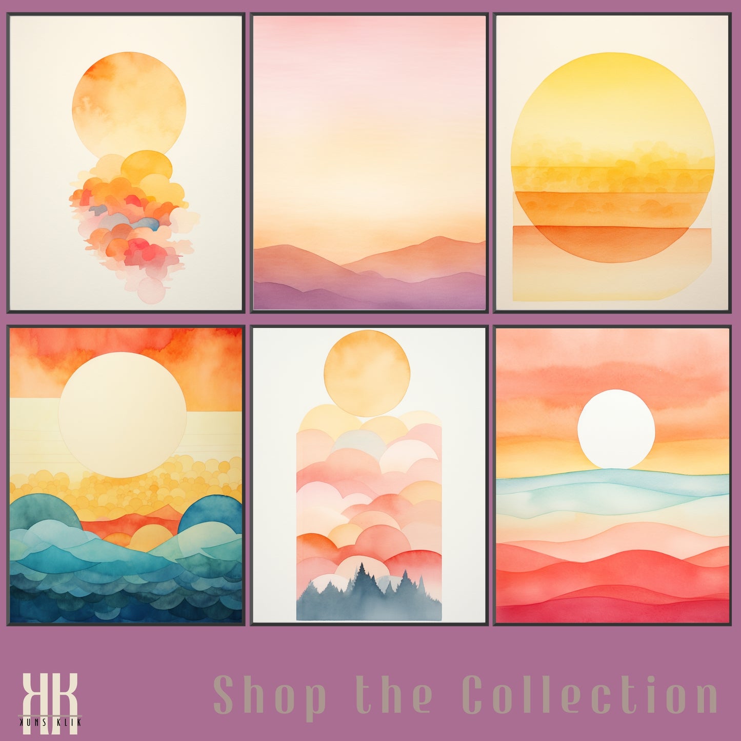 Minimalist Watercolour Sunset Mountain Art Print - 8