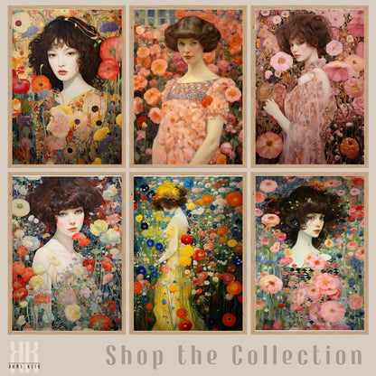 Gustav Klimt Inspired Woman in Vibrant Flower Landscape Print