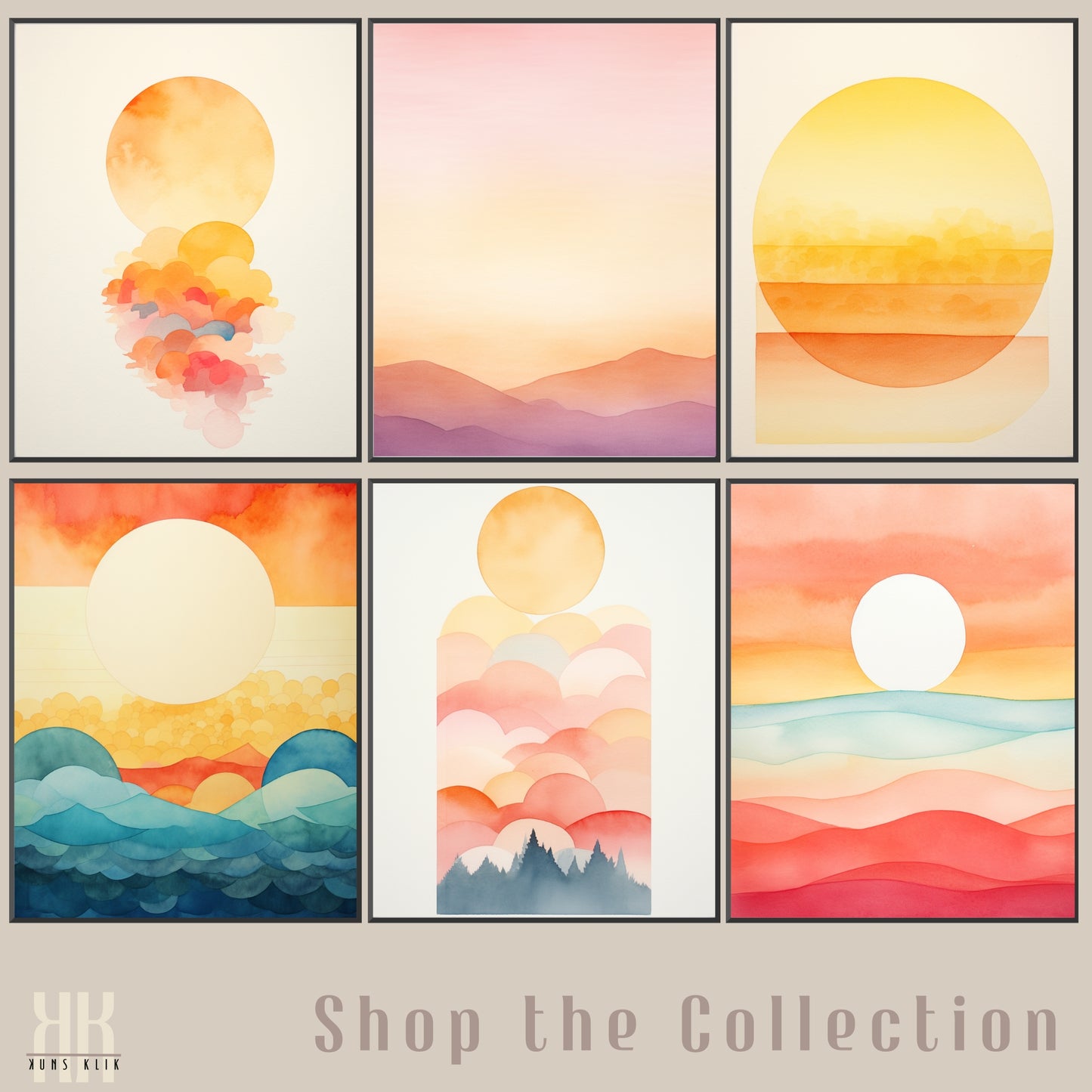 Minimalist Watercolour Sunset Mountain Art Print - 1