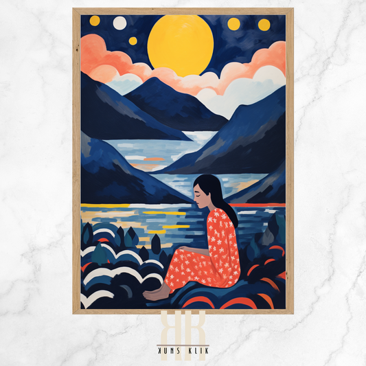 This is a stylized painting of a serene scene where a seated woman in a patterned red dress overlooks a tranquil lake surrounded by layered mountains under a night sky. The sky is adorned with a large yellow full moon, smaller moons or planets, and fluffy pink clouds. The mountains are depicted in shades of blue, creating a sense of depth and calm. The water reflects the moon's glow and the remaining light of the sunset. 