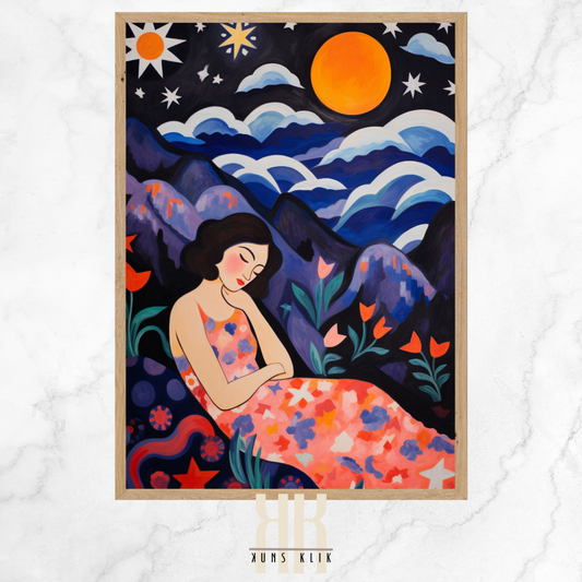  This image features a vividly colored artwork depicting a peaceful scene with a sleeping woman. She is surrounded by a stylized nocturnal landscape with rolling, patterned mountains under a dark sky punctuated by an array of stars and a large, glowing orange moon. The woman's dress blends with the brightly colored flora around her, mirroring the starry night above. The overall style is whimsical and illustrative, with a strong use of color and decorative patterns that give the piece a dreamlike quality.