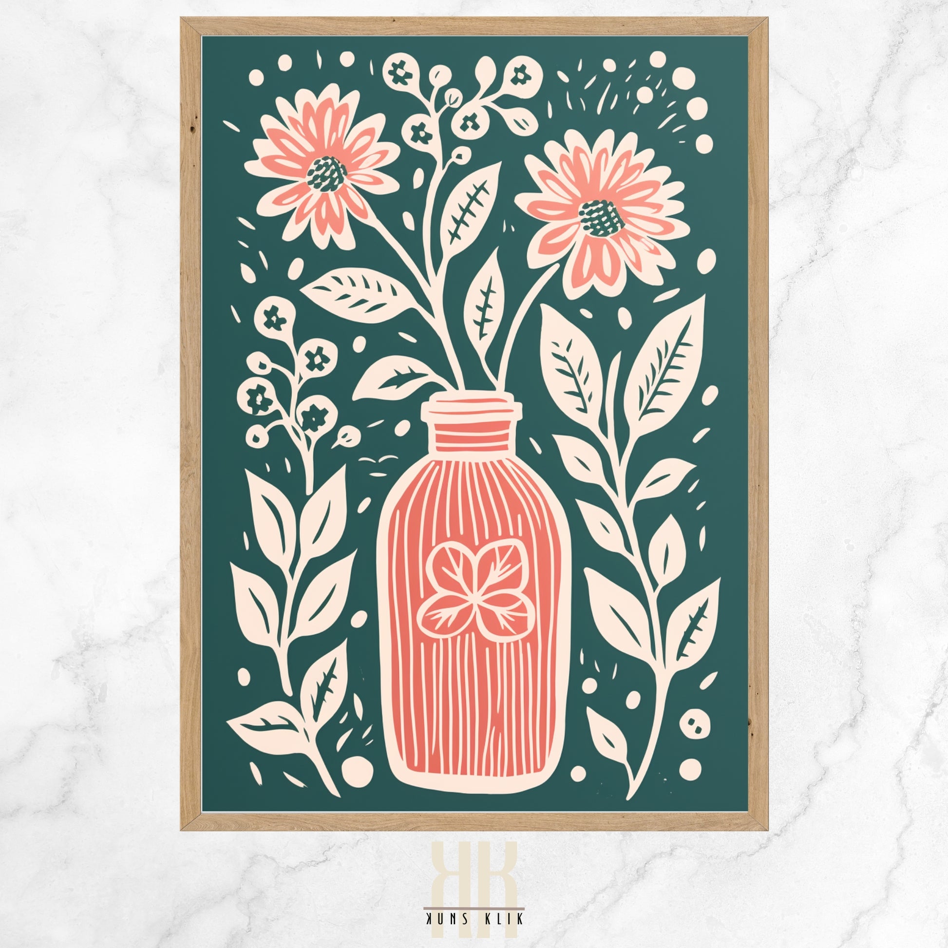  Vintage-inspired illustration of an apothecary bottle filled with stylized pink roses and surrounded by an array of botanical motifs