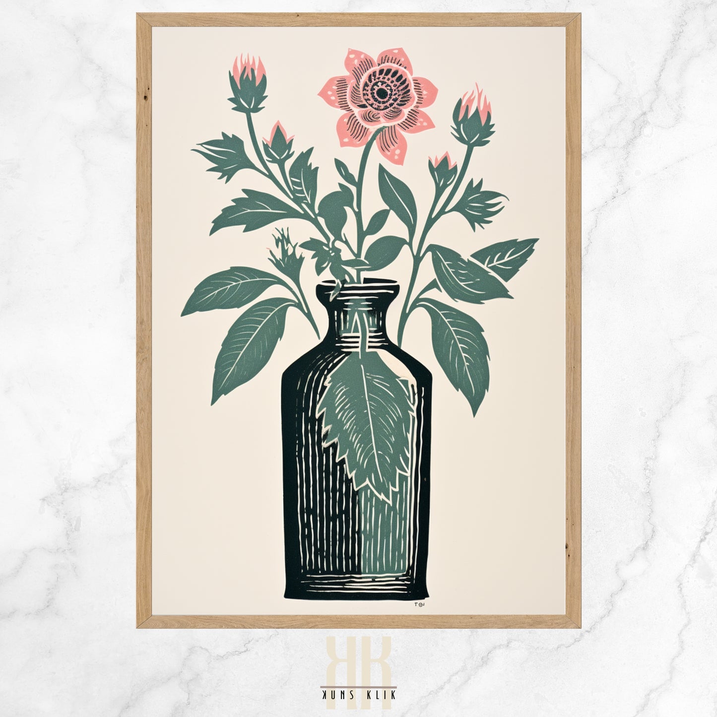 Vintage-inspired illustration of an apothecary bottle filled with stylized pink roses and surrounded by an array of botanical motifs.