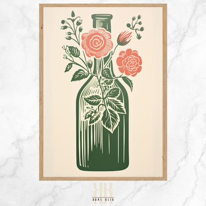  Vintage-inspired illustration of an apothecary bottle filled with stylized pink roses and surrounded by an array of botanical motifs