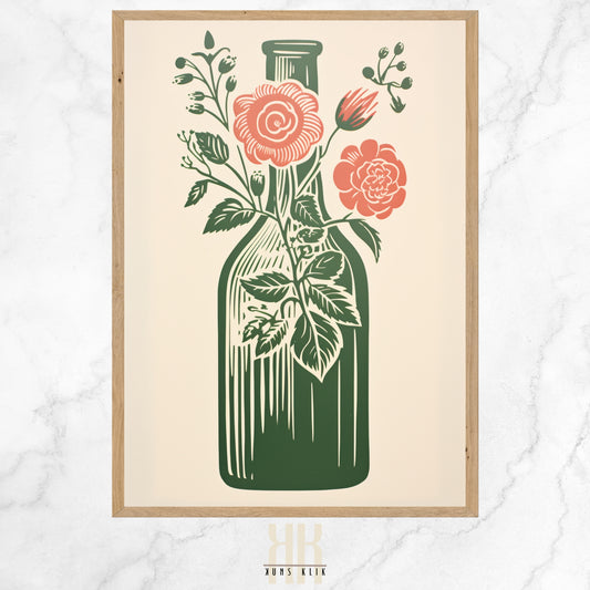  Vintage-inspired illustration of an apothecary bottle filled with stylized pink roses and surrounded by an array of botanical motifs