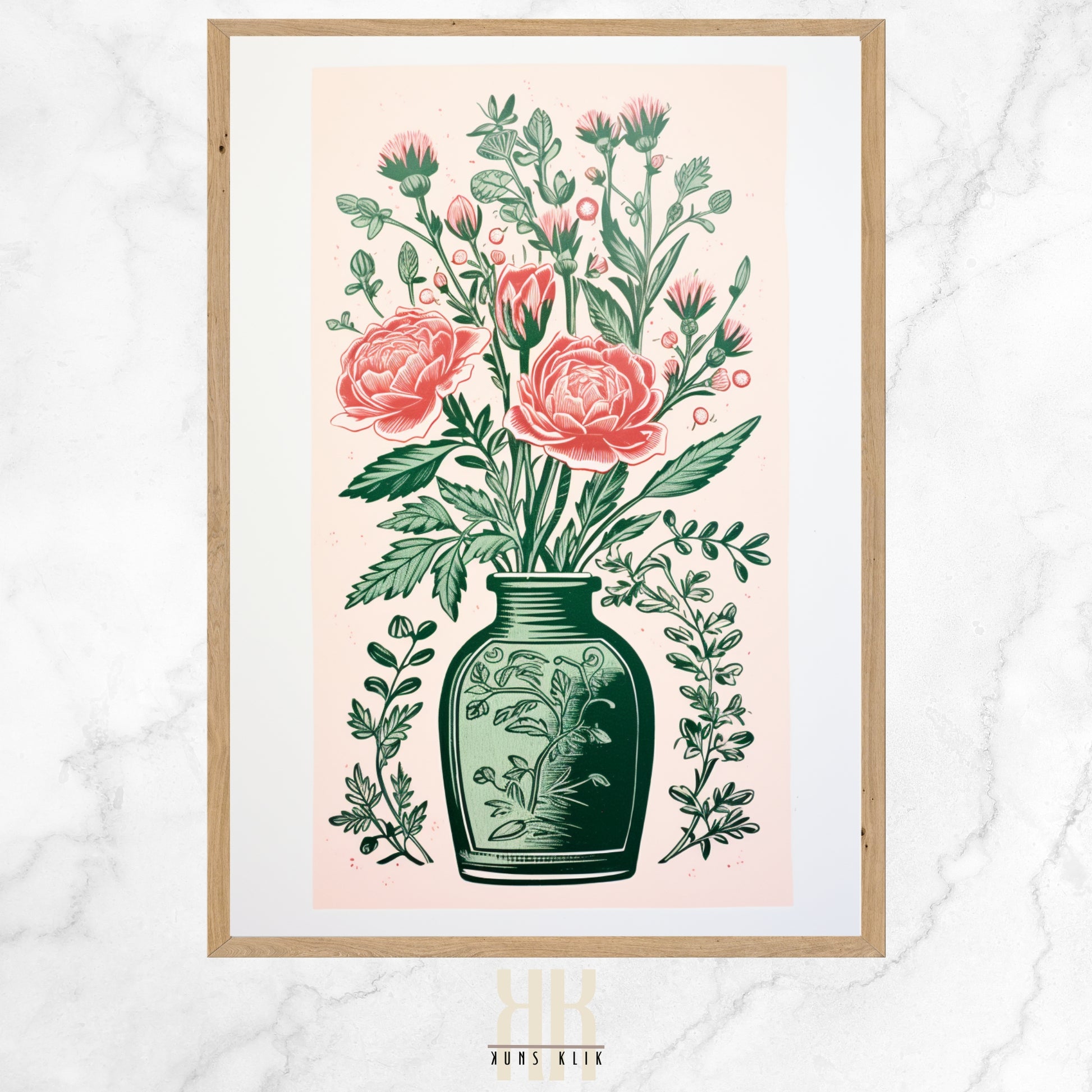  Vintage-inspired illustration of an apothecary bottle filled with stylized pink roses and surrounded by an array of botanical motifs