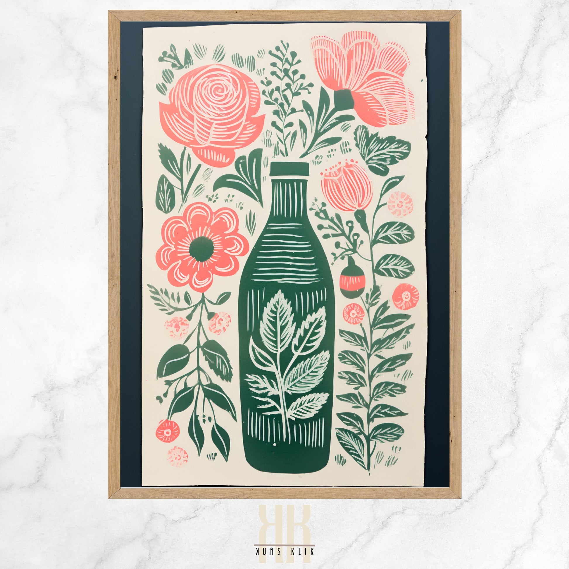  Vintage-inspired illustration of an apothecary bottle filled with stylized pink roses and surrounded by an array of botanical motifs