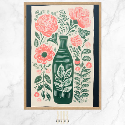  Vintage-inspired illustration of an apothecary bottle filled with stylized pink roses and surrounded by an array of botanical motifs