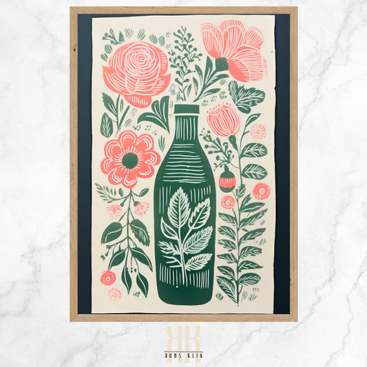  Vintage-inspired illustration of an apothecary bottle filled with stylized pink roses and surrounded by an array of botanical motifs