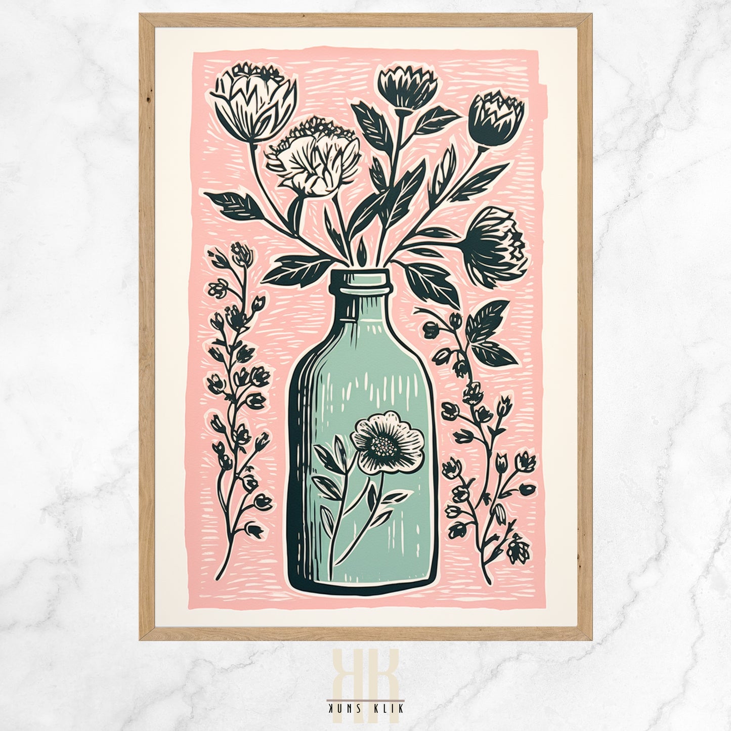  Vintage-inspired illustration of an apothecary bottle filled with stylized pink roses and surrounded by an array of botanical motifs