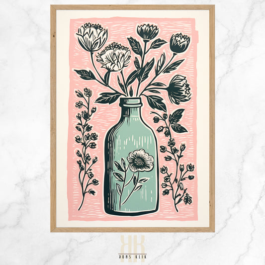  Vintage-inspired illustration of an apothecary bottle filled with stylized pink roses and surrounded by an array of botanical motifs