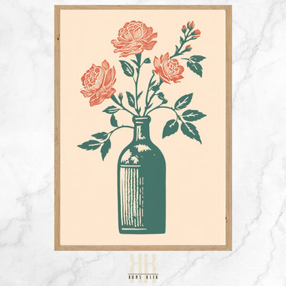  Vintage-inspired illustration of an apothecary bottle filled with stylized pink roses and surrounded by an array of botanical motifs