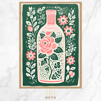  Vintage-inspired illustration of an apothecary bottle filled with stylized pink roses and surrounded by an array of botanical motifs