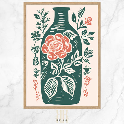  Vintage-inspired illustration of an apothecary bottle filled with stylized pink roses and surrounded by an array of botanical motifs.