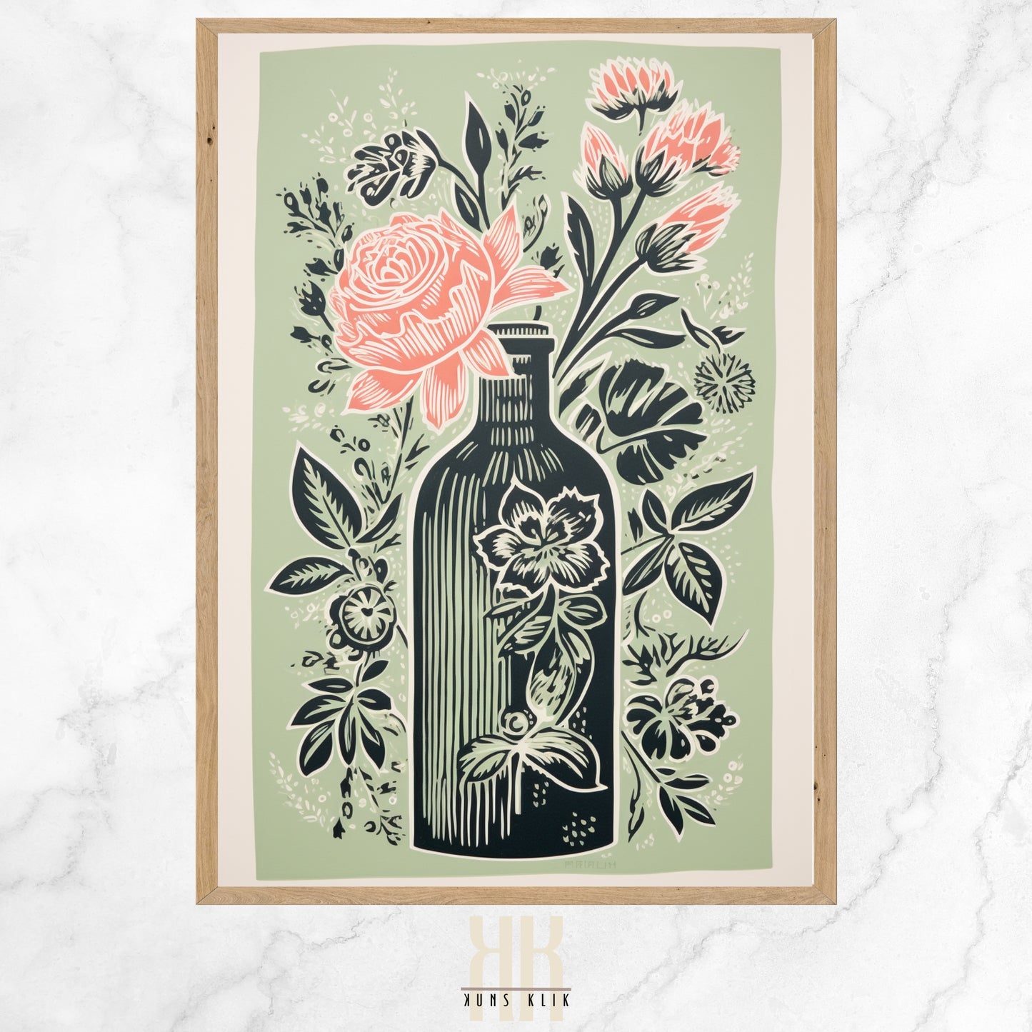  Vintage-inspired illustration of an apothecary bottle filled with stylized pink roses and surrounded by an array of botanical motifs, set against a sage green background.