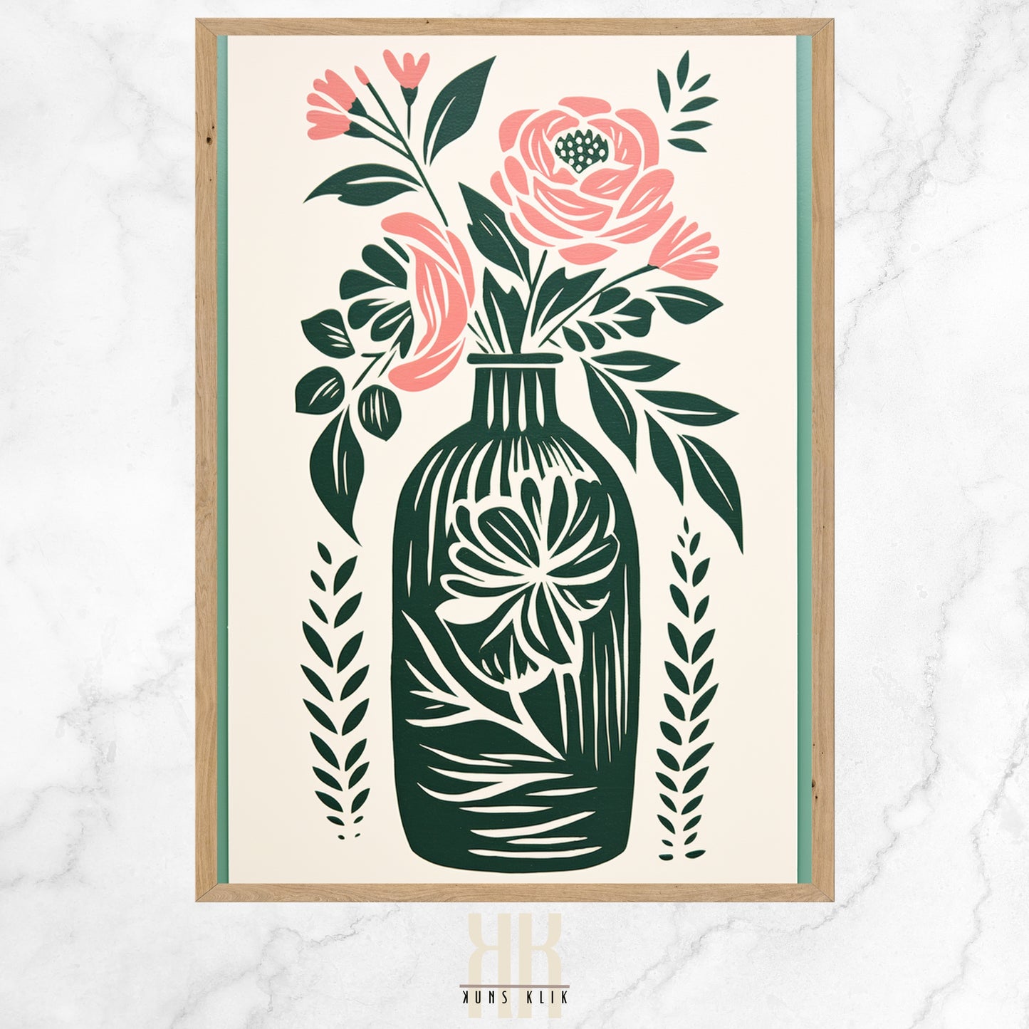  Vintage-inspired illustration of an apothecary bottle filled with stylized pink roses and surrounded by an array of botanical motifs