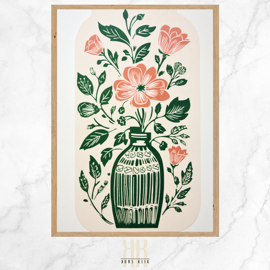  Vintage-inspired illustration of an apothecary bottle filled with stylized pink roses and surrounded by an array of botanical motifs