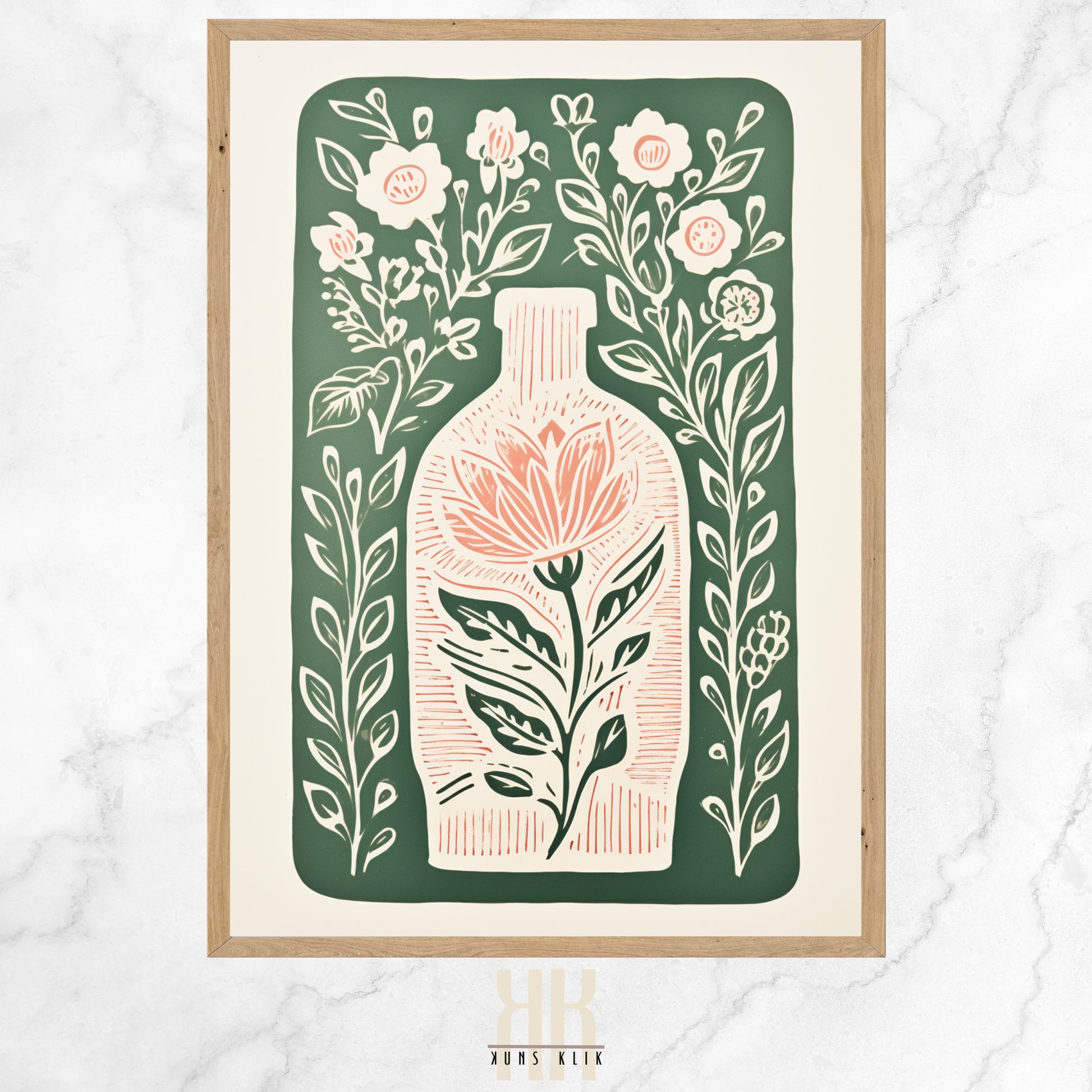  Vintage-inspired illustration of an apothecary bottle filled with stylized pink roses and surrounded by an array of botanical motifs