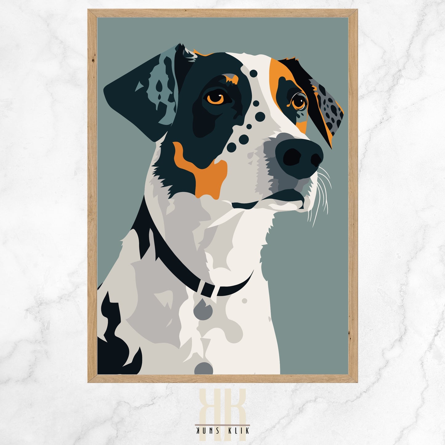 The featured piece of the collection showcases a dog with gentle, engaging eyes, rendered in a streamlined design that speaks volumes through its simplicity. The careful selection of a muted color palette against a dark background enhances the thoughtful gaze of the depicted canine, inviting viewers into a moment of quiet contemplation and connection.