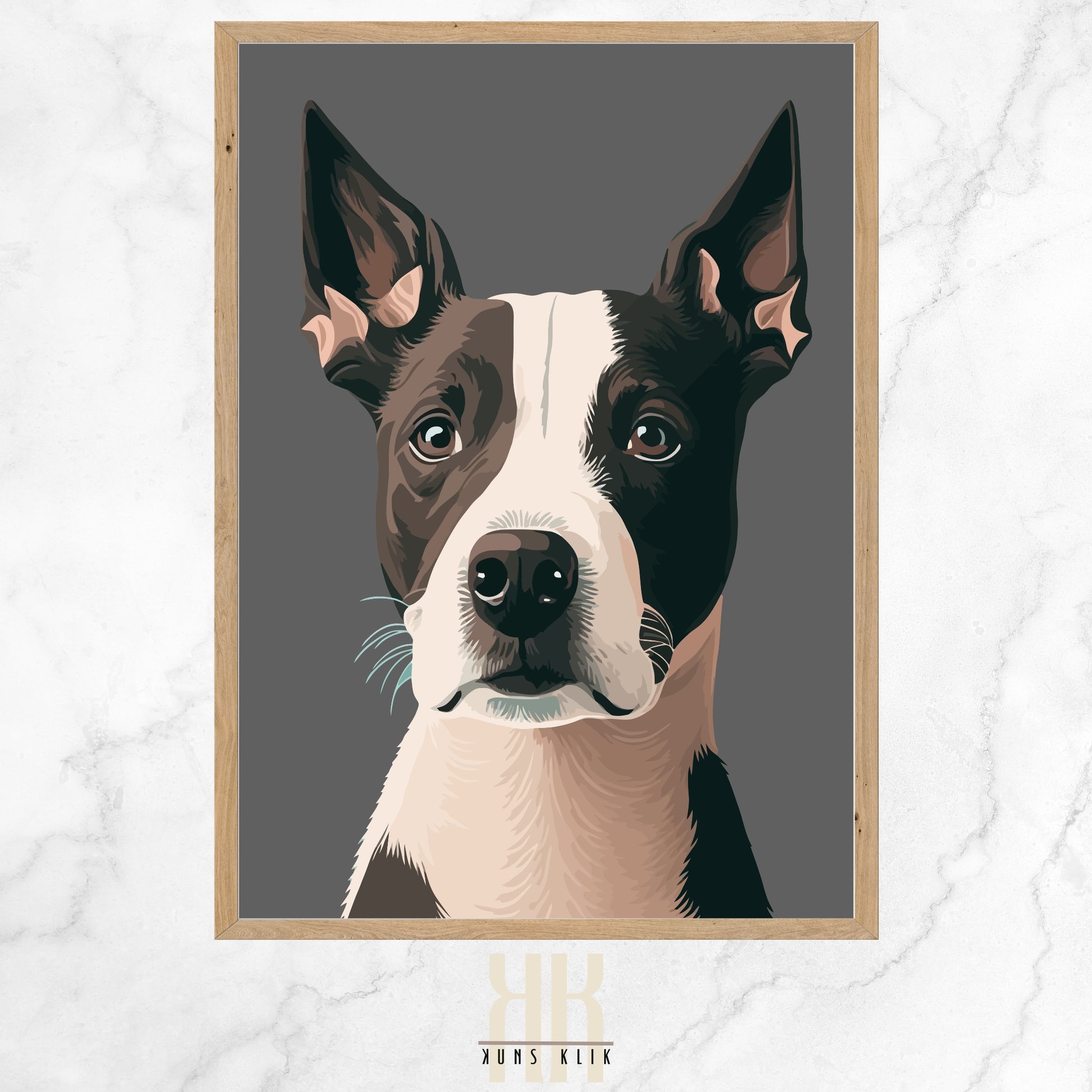 The featured piece of the collection showcases a dog with gentle, engaging eyes, rendered in a streamlined design that speaks volumes through its simplicity. The careful selection of a muted color palette against a dark background enhances the thoughtful gaze of the depicted canine, inviting viewers into a moment of quiet contemplation and connection.