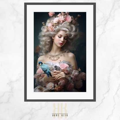 artwork of a woman styled in French aristocratic fashion, reminiscent of Marie Antoinette, with an elaborate hairstyle adorned with pink roses and perched colorful birds, set against a soft, dreamy black background