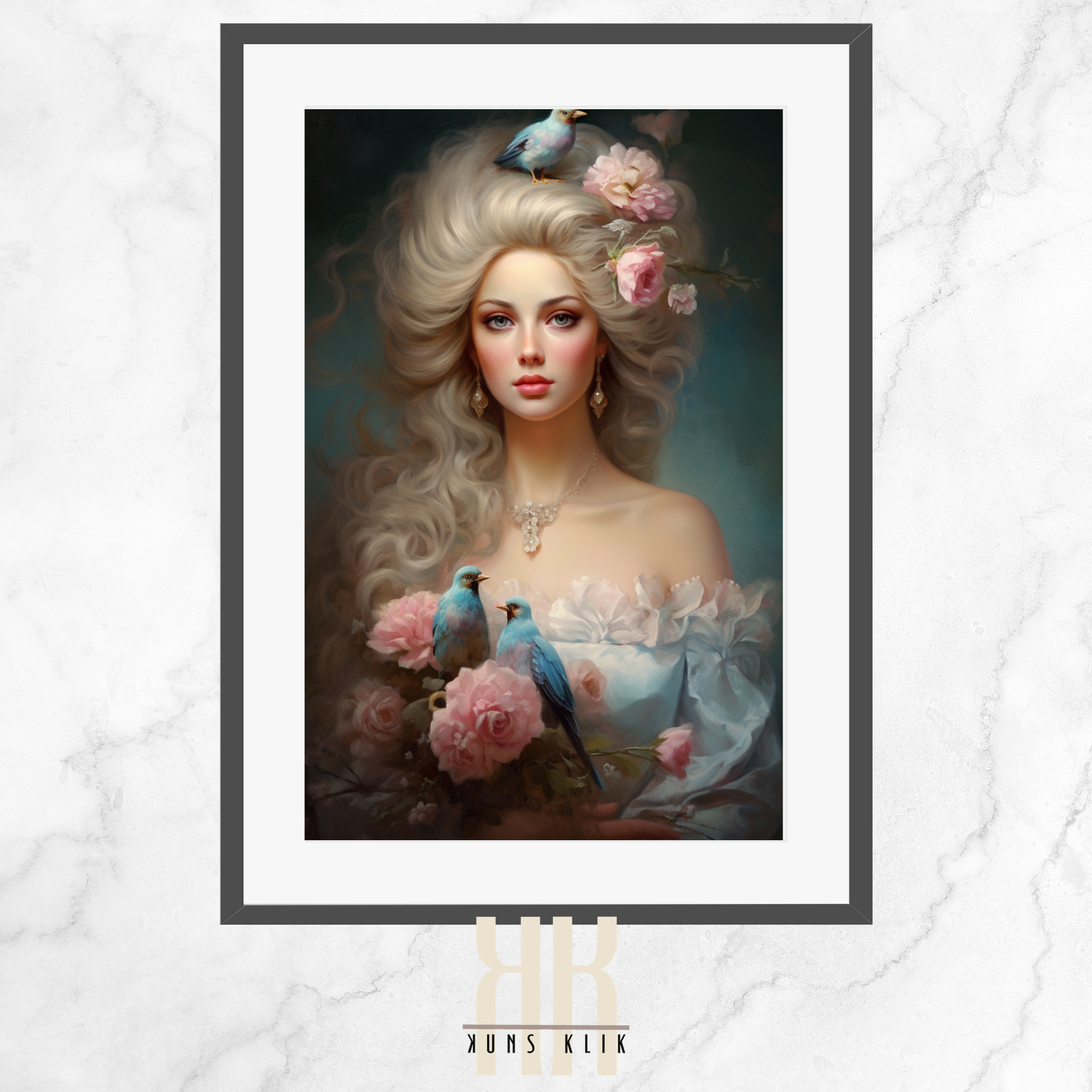 artwork of a woman styled in French aristocratic fashion, reminiscent of Marie Antoinette, with an elaborate hairstyle adorned with pink roses and perched colorful birds, set against a soft, dreamy blue background