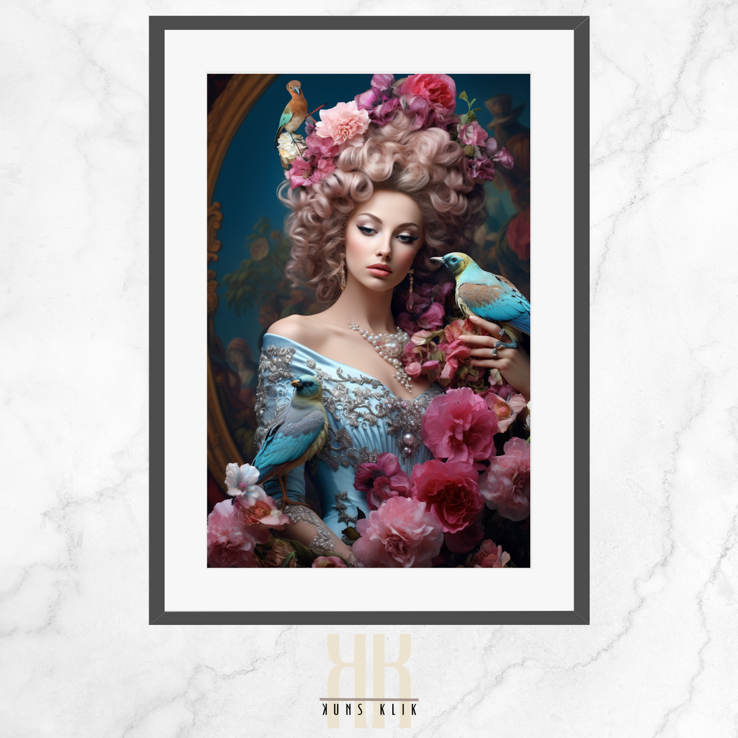 artwork of a woman styled in French aristocratic fashion, reminiscent of Marie Antoinette, with an elaborate hairstyle adorned with pink roses and perched colorful birds, set against a soft, dreamy blue background