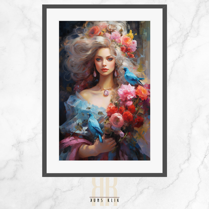 artwork of a woman styled in French aristocratic fashion, reminiscent of Marie Antoinette, with an elaborate hairstyle adorned with pink roses and perched colorful birds, set against a soft, dreamy blue background