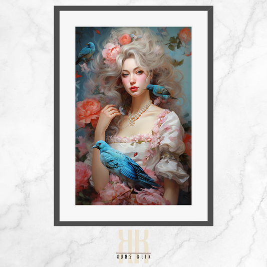 artwork of a woman styled in French aristocratic fashion, reminiscent of Marie Antoinette, with an elaborate hairstyle adorned with pink roses and perched colorful birds, set against a soft, dreamy blue background